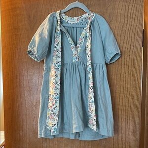 Girls Floral Trim Light Teal Linen Dress